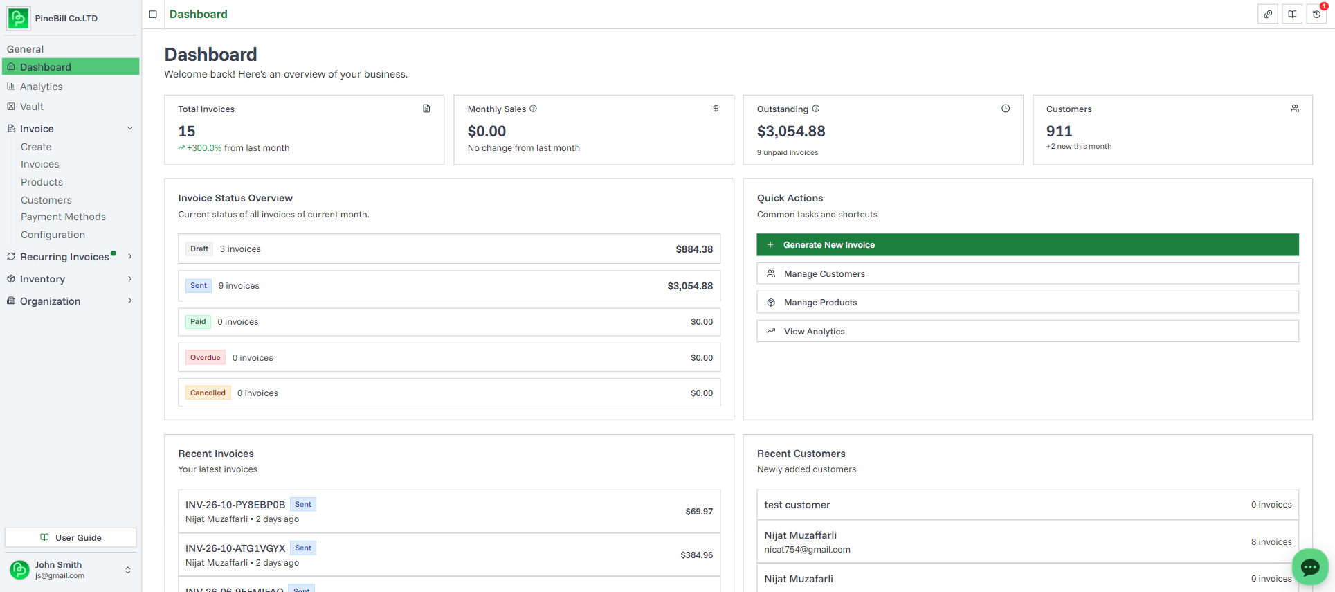 PineBill Dashboard Screen